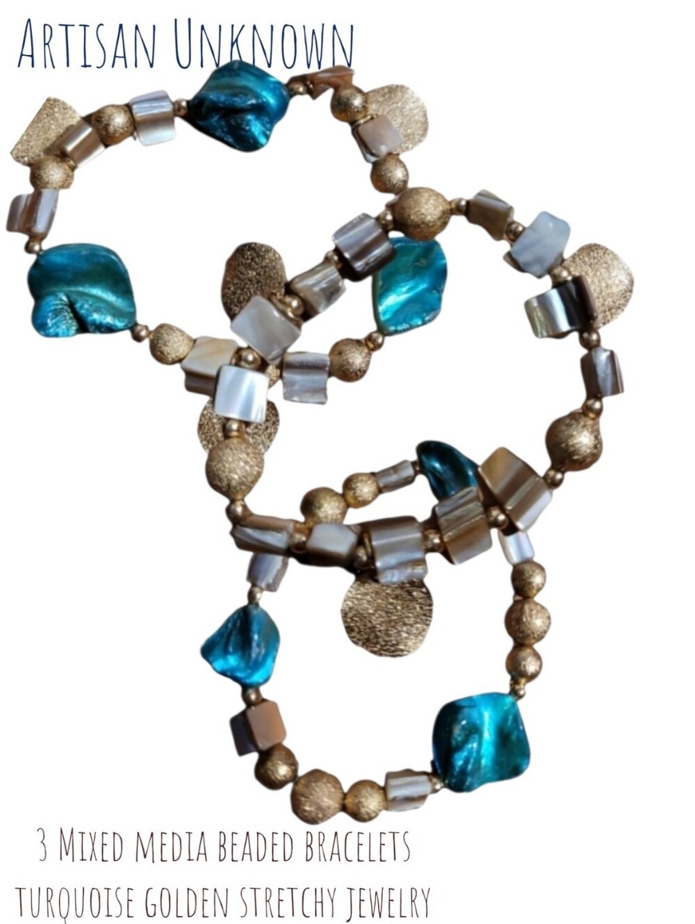 Bohemian Chic 3 Mixed media beaded bracelets turquoise golden stretchy jewelry